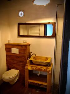 a bathroom with a wooden sink and a toilet at The Carpathian Lodge in Runcu