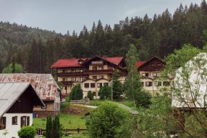 un grupo de casas en las montañas con árboles en Waldhotel Seebachschleife en Bayerisch Eisenstein