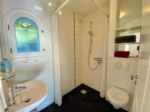 a bathroom with a sink and a toilet and a shower at Ferien auf der Burg in Niebüll