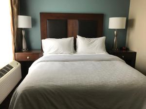 Holiday Inn Express and Suites St. Cloud, an IHG Hotel في سانت كلاود: غرفة نوم بسرير كبير مع شراشف بيضاء ومصباحين