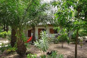 a house with a red hammock in the middle of trees at Campement Sindéye in Abémé +32 photos