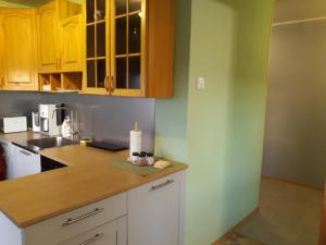 a kitchen with wooden cabinets and a candle on a counter at Central MaxiStay in Rakvere