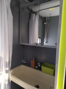 a bathroom with a sink and a mirror at carazen , caravane chauffée in Saint-Sylvain-Bellegarde