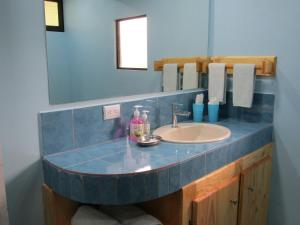 a bathroom with a sink, toilet and mirror at Peace of Paradise in Manuel Antonio