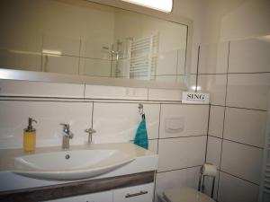 a bathroom with a sink and a mirror and a toilet at EXKLUSIVES 4* Appartement im Herzen von Einbeck! 3 Schlafzimmer, Garten! in Einbeck