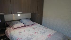 um quarto com uma cama com flores cor-de-rosa em Gîte le Pixien C 4 à 6 personnes 15 min Charleville em Poix-Terron