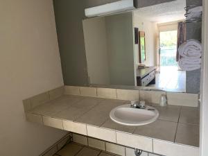 a bathroom with a sink and a mirror at Budget Inn Motel in Austin