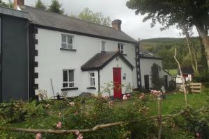 een wit huis met een rode deur in een tuin bij Quarvue Farmhouse, Unique house with views of Mournes and Cooleys in Ó Méith