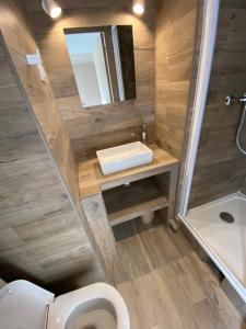 een badkamer met een toilet, een wastafel en een spiegel bij Angleterre Hotel in Parijs
