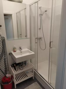 a bathroom with a sink and a shower at Arbio Apartments near Yppenplatz & Brunnenmarkt in Vienna