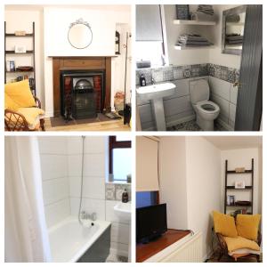 een badkamer met een wastafel, een toilet en een open haard bij Temple-Effin Self Catering Holiday Cottage in Whitehead