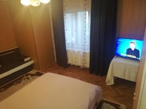 a room with a bed and a television on a table at Casa Bucur in Tîrgu Ocna