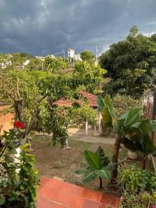 Elle offre une vue sur un jardin avec des arbres et une maison. dans l'établissement Villa Claudia - apartamento cómodo y tranquilo, à El Colegio