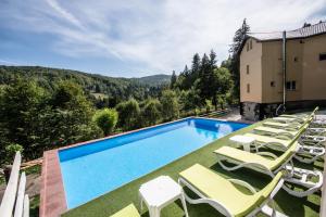 a swimming pool with lounge chairs and a resort at Vila Zen in Slănic-Moldova