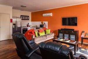 sala de estar con sofá y TV en McLaren Vale Studio Apartments, en McLaren Vale