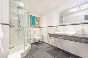 a bathroom with a shower sink and a toilet at Hotel Residenz am Rosengarten in Bad Kissingen +30 photos