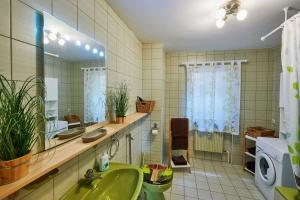 ein Badezimmer mit einem grünen Waschbecken und einem Spiegel in der Unterkunft FEWO Geisbergblick in Zeegendorf