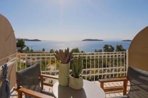 メガリ・アモスにあるIrida Aegean View, Philian Hotels and Resortsの海を望むバルコニーにテーブルとサボテン2つ