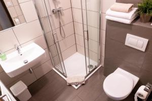 een badkamer met een douche, een toilet en een wastafel bij Restaurace a penzion U Hasičů in Klimkovice