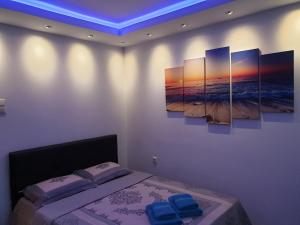 a bedroom with a bed with four paintings on the wall at Apartment Nicole in Varna City