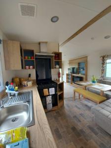 een keuken en een woonkamer met een wastafel bij Rustling Pines at Knaresborough Lido in Harrogate