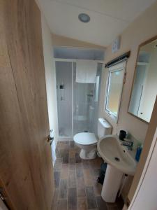 a bathroom with a sink and a toilet and a mirror at Rustling Pines at Knaresborough Lido in Harrogate