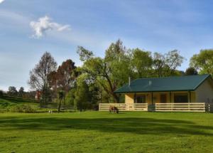 a horse grazing in a field next to a house at Kymmik Cottage in Geeveston