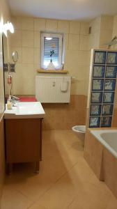 a bathroom with a sink and a tub and a toilet at Leśny Apartament in Białystok