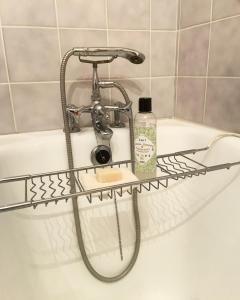 a bath tub with a shower faucet and a bottle of soap at Parc de Lesseps in Meunet-Planches
