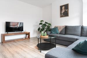 ein Wohnzimmer mit einem Sofa und einem TV in der Unterkunft Ko-Living - Händel Suite - Altstadt mit Küche, Smart TV & Dachterrasse in Halle an der Saale