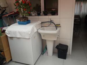 uma casa de banho com um lavatório e um vaso de plantas em Apartamento Boracéia Bertioga em Bertioga mais 20 fotografias