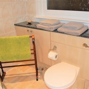 a bathroom with a toilet and a counter with towels at Donmar Cottage in Skeabost
