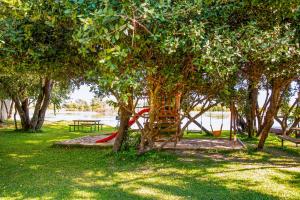une aire de jeux dans un parc avec des arbres et un toboggan rouge dans l'établissement Zambezi Mubala Campsite, à Katima Mulilo