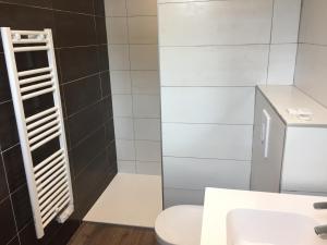 a bathroom with a toilet and a sink and a refrigerator at nuit sur le pont 3 in Landerneau