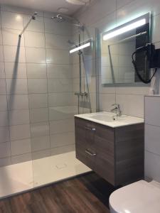 La salle de bains est pourvue d'un lavabo, de toilettes et d'un miroir. dans l'établissement nuit sur le pont 4, à Landerneau