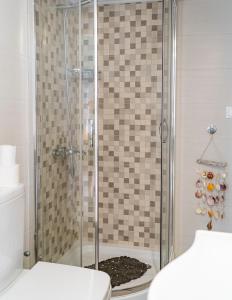 La salle de bains est pourvue d'une douche avec une porte en verre. dans l'établissement Ostraco Syros, à Vári