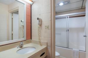 a bathroom with a sink and a mirror and a shower at Americas Best Value Inn Wytheville in Wytheville
