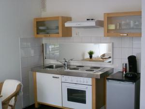 uma cozinha com um lavatório e um fogão em Apartment am Park em Dusseldorf