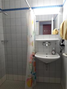 a bathroom with a sink and a shower curtain at Gästehaus des GOETHE-Institut Freiburg in Freiburg im Breisgau