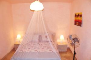 a bedroom with a bed with a mosquito net at Comfortable and spacious apartment with ocean views of Cabral beach in Sal Rei