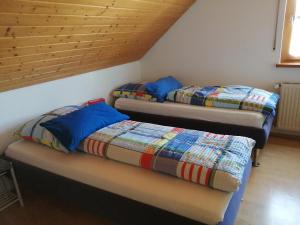 two twin beds in a room with a wooden ceiling at FeWoDeg in Deggendorf