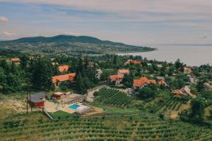 an aerial view of a village with a house and a lake at Villő Villa in Badacsonytomaj