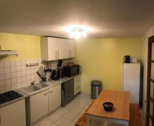 a kitchen with a sink and a refrigerator at Gîte des Alondrons in Lissey