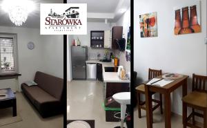 dwa zdjęcia kuchni i salonu w obiekcie STARÓWKA Apartament Stare Tychy w Tychach