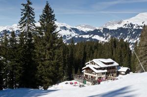 a building on a snow covered slope with trees and mountains at Schifer Berghaus in Klosters