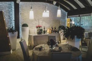Hotel Degli Olmi في فيليتا باريّا: غرفة طعام مع طاولة وبعض النباتات الفخارية