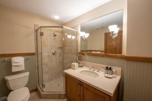 a bathroom with a shower and a sink and a toilet at Comfortable 1 Bedroom Condo - Slopeside condo in Crested Butte +21 photos