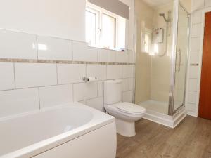 a white bathroom with a toilet and a shower at Springfield Cottage in Chipping