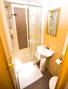 a bathroom with a shower and a sink and a toilet at Caravan by Camber Sands 2 in Camber