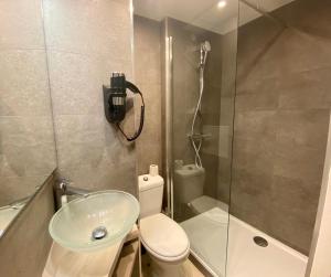 uma casa de banho com um lavatório, um WC e um chuveiro em Hotel de Bordeaux em Toulouse